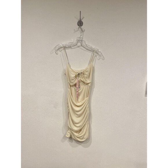 Oh Polly Dress Womens 4 Beige Ruched Mini Bodycon Sleeveless Drawstring New - Picture 2 of 5